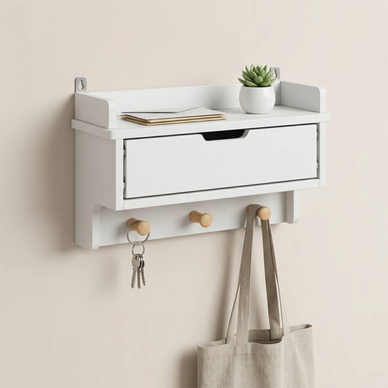 Narrow Wall Mounted Shelf with Peg Rail and Drawer