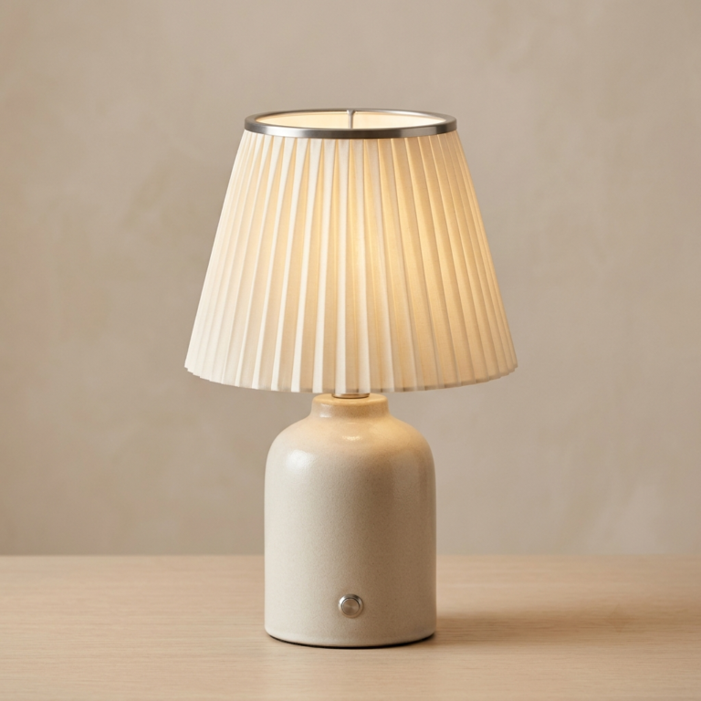 Rechargeable Ceramic Table Lamp with Pleated Shade