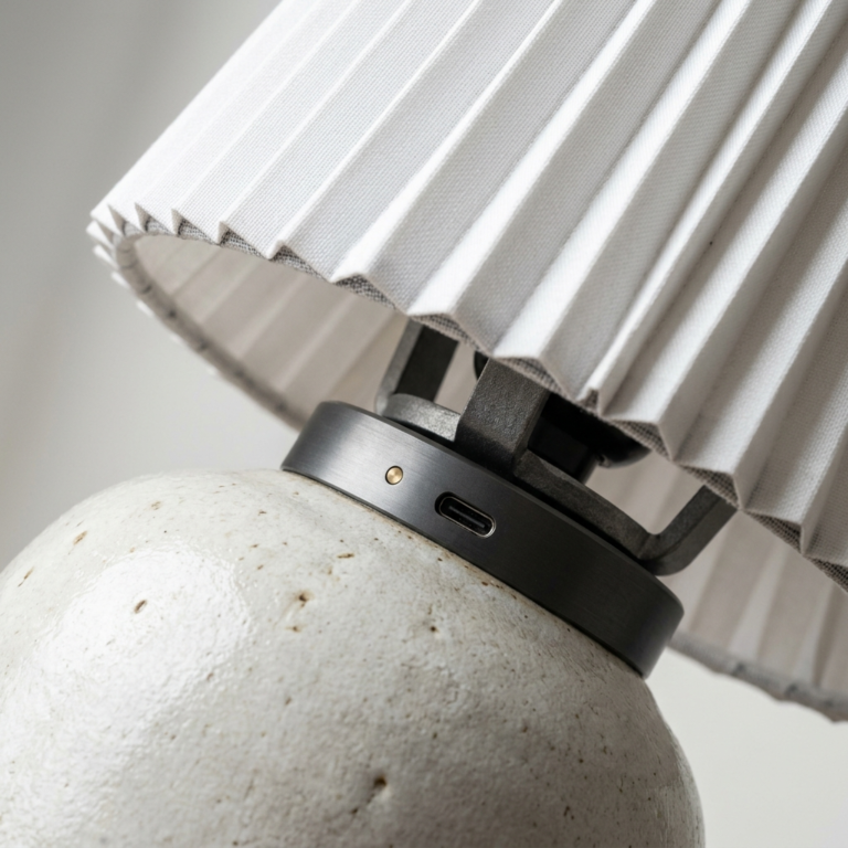 Rechargeable Ceramic Table Lamp with Pleated Shade