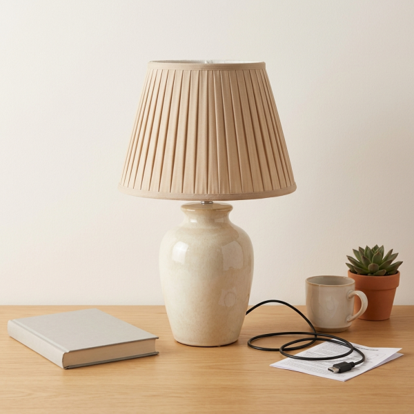 Rechargeable Ceramic Table Lamp With Pleated Shade