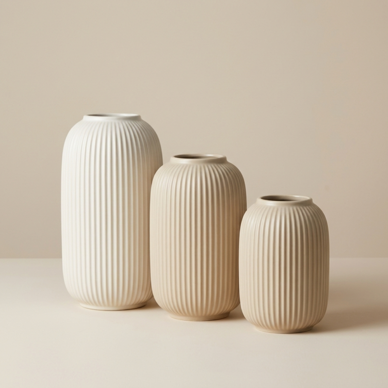 Ribbed Ceramic Vase Set for Tabletop Decor
